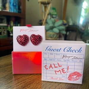 Betsey Johnson Red Crystal Heart Stud Earrings with Packaging